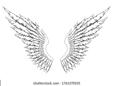 Black and white hand-drawn wings of angel or archangel, element of insignia or coat of arms. EPS 8.