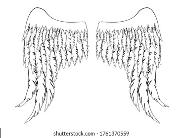 Black and white hand-drawn wings of angel or archangel, element of insignia or coat of arms. EPS 8.