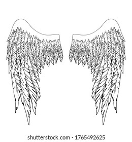 Black and white hand-drawn wings of angel or archangel, element of insignia or coat of arms. EPS 8.