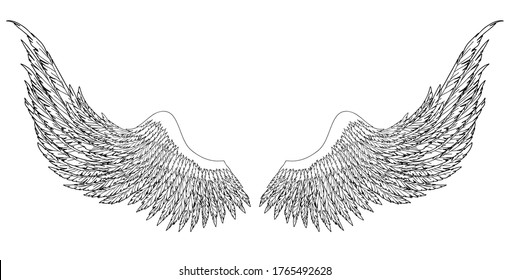 Black and white hand-drawn wings of angel or archangel, element of insignia or coat of arms. EPS 8.