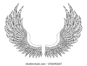 Black and white hand-drawn wings of angel or archangel, element of insignia or coat of arms. EPS 8.