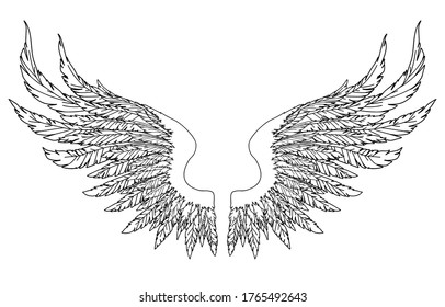 Black and white hand-drawn wings of angel or archangel, element of insignia or coat of arms. EPS 8.