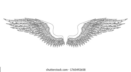 Black and white hand-drawn wings of angel or archangel, element of insignia or coat of arms. EPS 8.