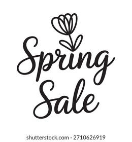 Un gráfico con letras en blanco y negro anunciando una venta de primavera, con una simple ilustración floral sobre el texto.