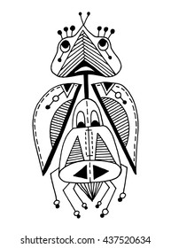 black and white handmade liner drawing of ethnic beetle in flat style, line art design, modern sketch insect vector illustration