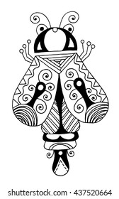 black and white handmade liner drawing of ethnic beetle in flat style, line art design, modern sketch insect vector illustration