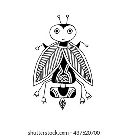 black and white handmade liner drawing of ethnic beetle in flat style, line art design, modern sketch insect vector illustration