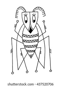black and white handmade liner drawing of ethnic beetle in flat style, line art design, modern sketch insect vector illustration