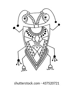 black and white handmade liner drawing of ethnic beetle in flat style, line art design, modern sketch insect vector illustration