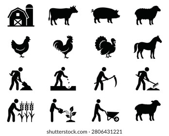 Black and white handmade vector farming agriculture livestock animal and farmer silhouette icon set