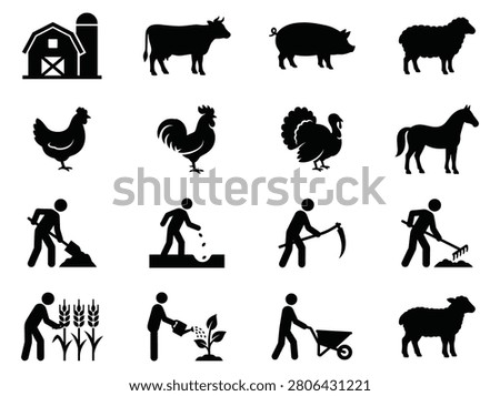 Black and white handmade vector farming agriculture livestock animal and farmer silhouette icon set