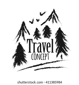 Black and white hand-painted landscape with mountains, fir trees and birds. The concept of travel, trek. Sketch of nature. Stock vector
