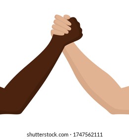 Black and white hands, arm wrestling. The concept of combating racism. Vector stock flat illustration isolated on a white background.