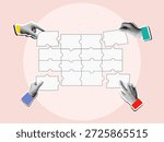 Black and white hands assembling a white puzzle pieces. Modern photo collage style. Vector illustration