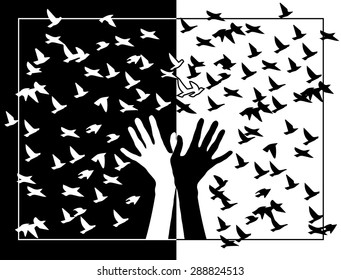 Black and white hands with birds in the frame