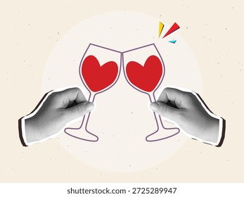Manos blancas y negras tintineando copas de vino tinto en forma de corazón. Celebrando el Día de San Valentín. Estilo de collage moderno. Ilustración vectorial