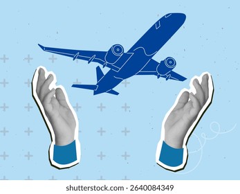 Black and white hands with a flying plane. Modern collage style. Vector illustration
