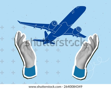 Black and white hands with a flying plane. Modern collage style. Vector illustration