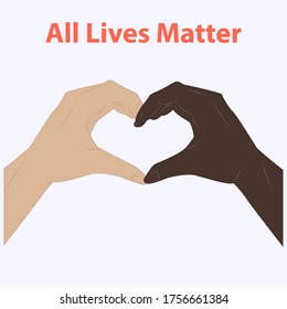 Black and white hands folded in the shape of a heart - vector. All lives matter. Black lives matter