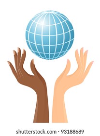 Black and white hands with globe