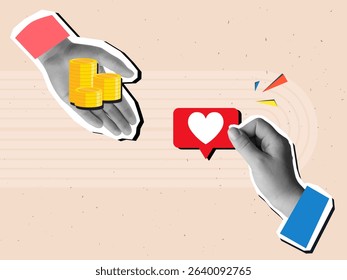 Black and white hands with gold coins and like symbol with a heart. Exchange money for likes - the concept of buying advertising in social media. Modern collage style. Vector illustration