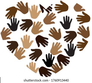 Black and white hands in heart shape, interracial friendship. Vector Illustration