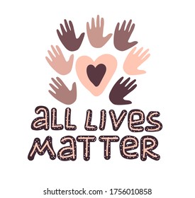 Black and white hands and  hearts together equalty concept. All lives matter. Campaign against racial discrimination of dark skin color. Hand drawn vector Illustration isolated on white background