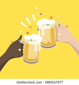Black and white hands holding beer glasses to celebrate together.
