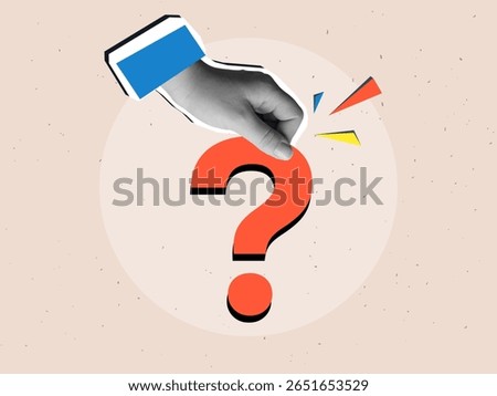 Black and white hands holding a big red question mark. Modern collage style. Vector illustration