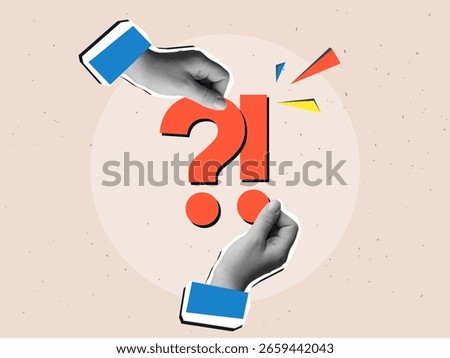 Black and white hands holding a big red question and exclamation marks. Modern collage style. Vector illustration