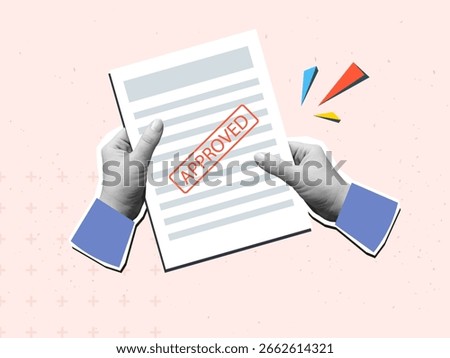 Black and white hands holding a document with a stamp Approved. Modern collage style. Vector illustration