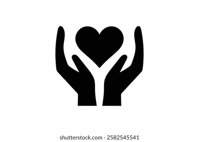 Black and White Hands Holding Heart Care Icon, heart care symbol, love and care symbol, healthcare love icon, flat heart in hands icon