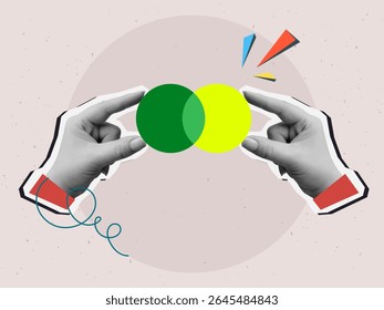 Black and white hands holding intersecting circles - concept of synergy. Vector illustration in a modern collage style
