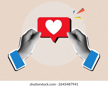 Black and white hands holding a like symbol with a heart. Modern collage style. Vector illustration