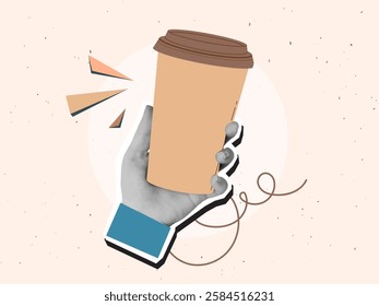 Black and white hands holding a paper cup of coffee to go. Modern photo collage style. Vector illustration