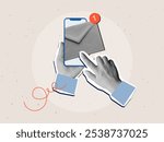 Black and white hands holding a phone with an unread message. Modern collage style. Vector illustration