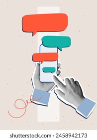 Black and white hands holding a phone with a chat. Vector illustration in a modern collage style