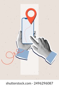 Black and white hands holding a phone with a red pin mark. Target or destination concept. Vector illustration in a modern collage style