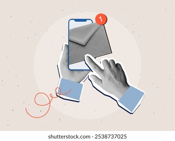 Black and white hands holding a phone with an unread message. Modern collage style. Vector illustration