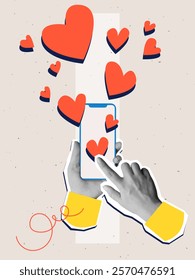 Black and white hands holding a phone with a scattered hearts. Modern photo collage style. Vector illustration