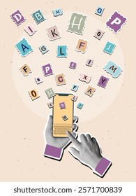 Black and white hands holding a phone while texting. Smartphone with flying letters. Modern photo collage style. Vector illustration