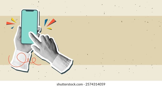 Black and white hands holding a phone with a empty screen, place for text Modern collage style. Vector illustration