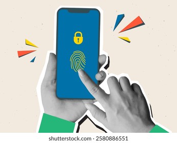 Black and white hands holding a phone while entering the fingerprint password. Security concept. Modern photo collage style. Vector illustration