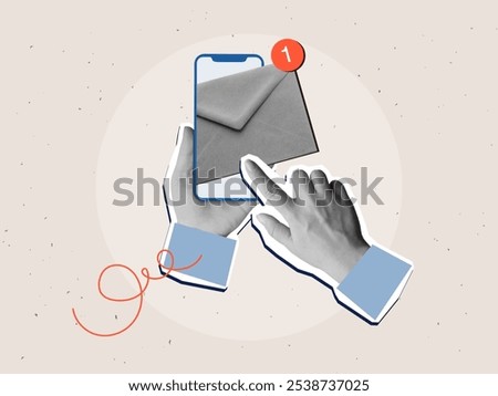 Black and white hands holding a phone with an unread message. Modern collage style. Vector illustration