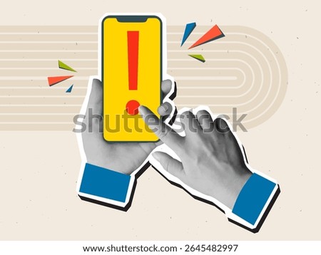 Black and white hands holding a phone with a red exclamation mark. Modern photo collage style. Vector illustration