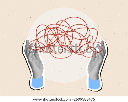 Black and white hands holding red tangled ball. Modern photo collage style. Vector illustration