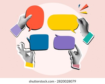 Black and white hands holding a speech bubbles. Communication concept. Modern photo collage style. Vector illustration