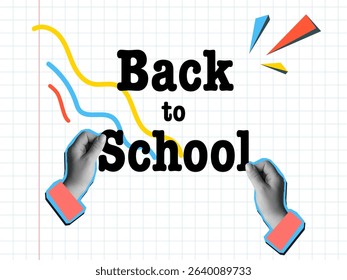 Black and white hands holding text Back to School. Modern photo collage style. Vector illustration
