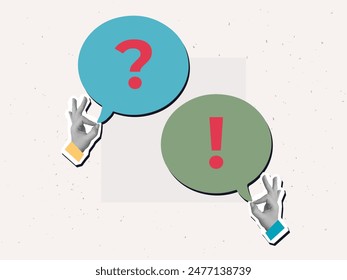 Black and white hands holds a color speech bubbles with a question mark and an exclamation mark. Dialogue concept. Vector illustration in a modern collage style