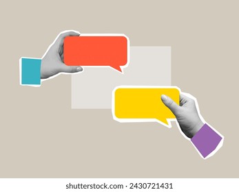 Black and white hands holds a speech bubbles with a copy space - element for collage. Vector illustration